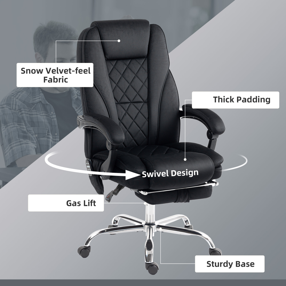 Heated Massage Office Chair with Footrest, Remote & 135° Recline – Home Office Relaxation Chair, Black Velvet