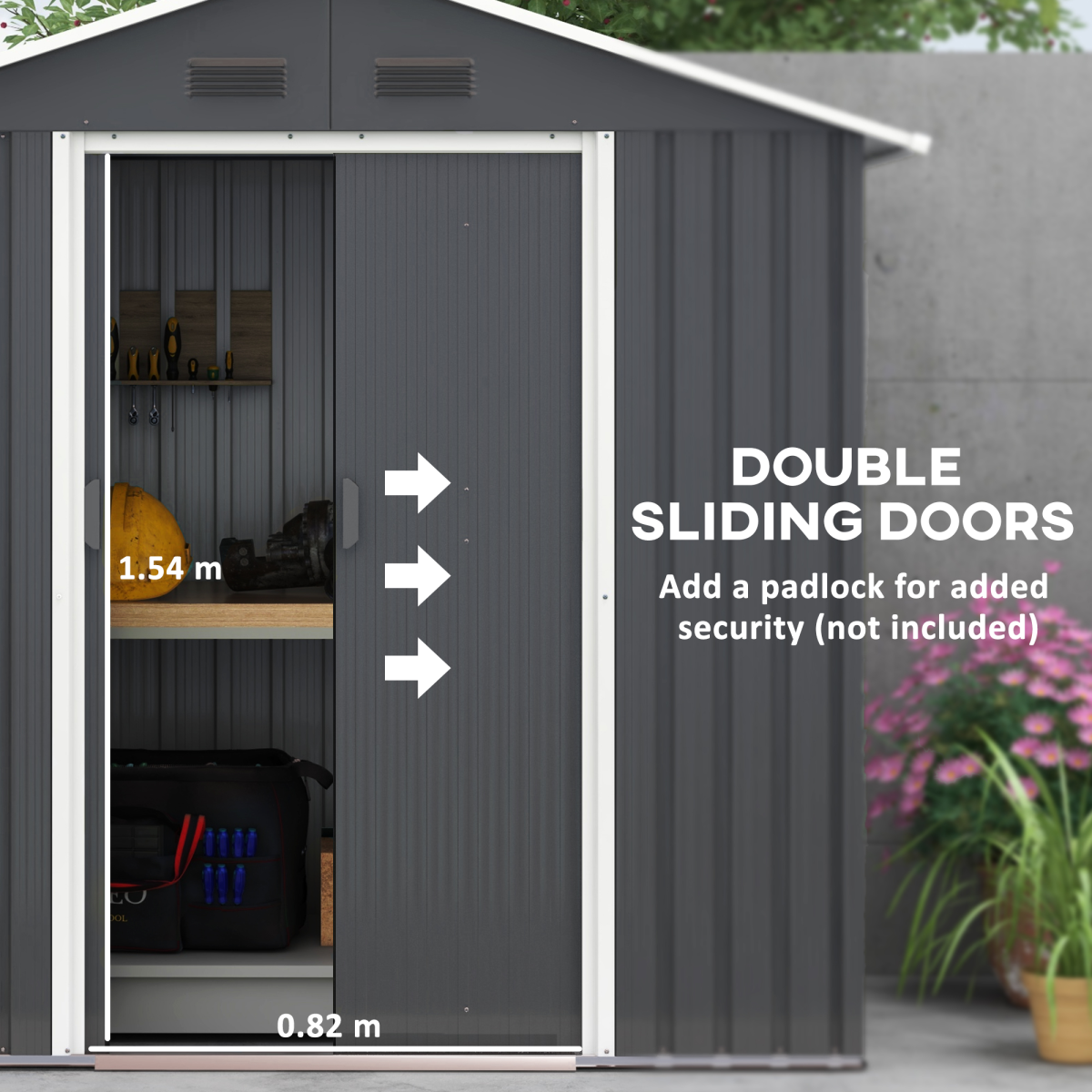 Outsunny 6.5 x 3.5ft Galvanised Steel Garden Shed with Double Sliding Doors and Vents – Outdoor Storage, Dark Grey