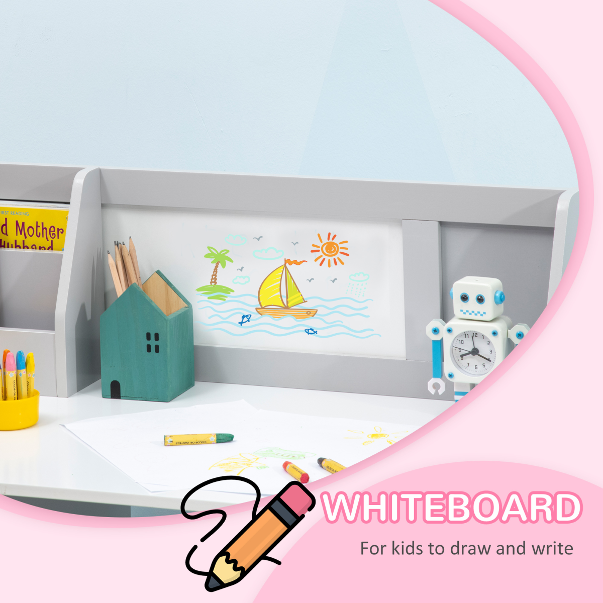HOMCOM Kids Table and Chair Set with Whiteboard and Storage – 2-Piece MDF and Pinewood Study Desk, Grey