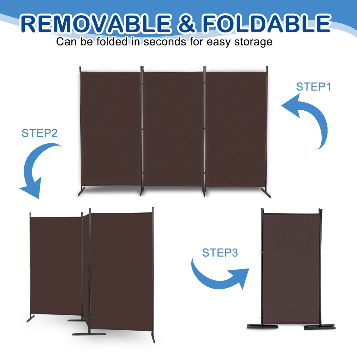 6ft 3-Panel Folding Room Divider – Polyester Fabric Privacy Screen, Steel Frame, Brown