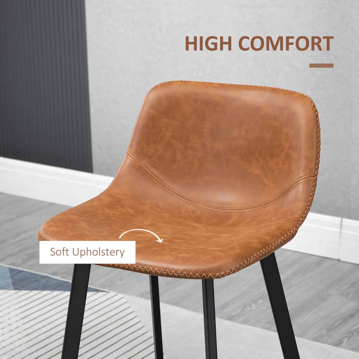 HOMCOM Set of 2 Industrial Bar Stools with Steel Legs & Footrest – Kitchen & Home Bar Seating, Brown