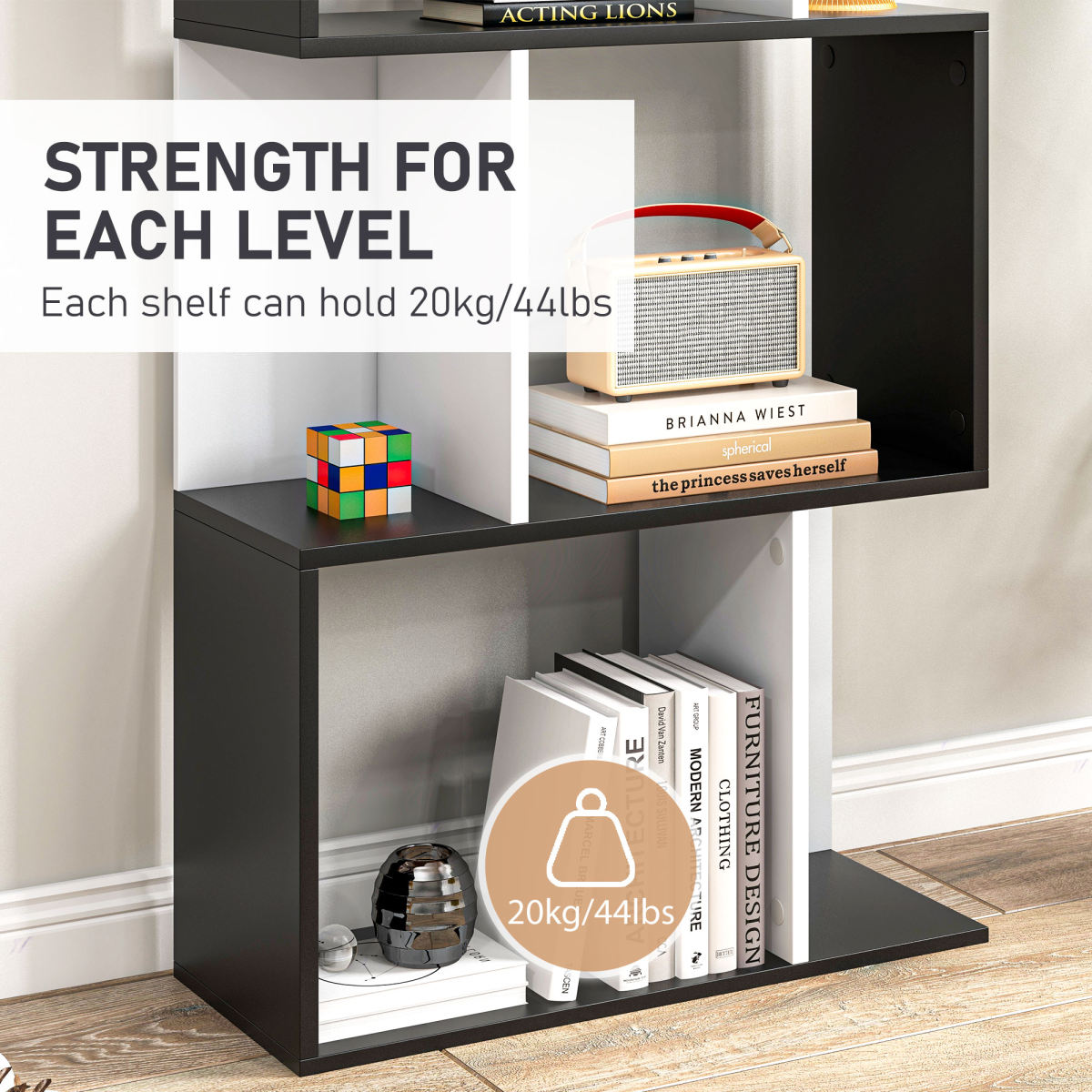 HOMCOM 5-Tier S-Shaped Bookcase – Open-Back Display Shelving and Room Divider, Black