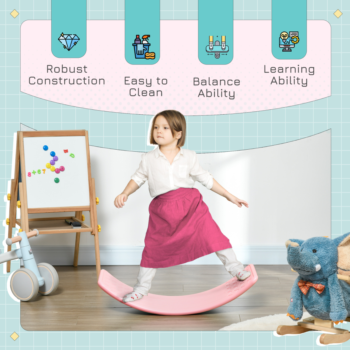 ZONEKIZ Kids Balance Board Wobble Stepping Stone with Anti-Slip Strip – Montessori Toy for Ages 3-6, Pink