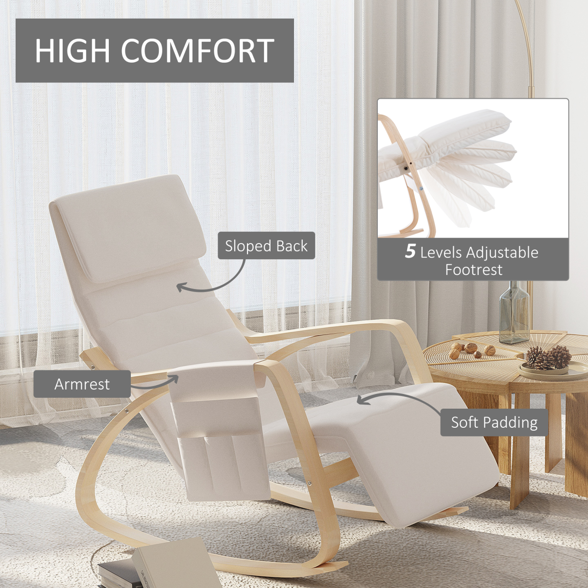 HOMCOM Rocking Recliner Armchair with Adjustable Footrest & Birch Wood Frame – Nursery Chair, Cream White