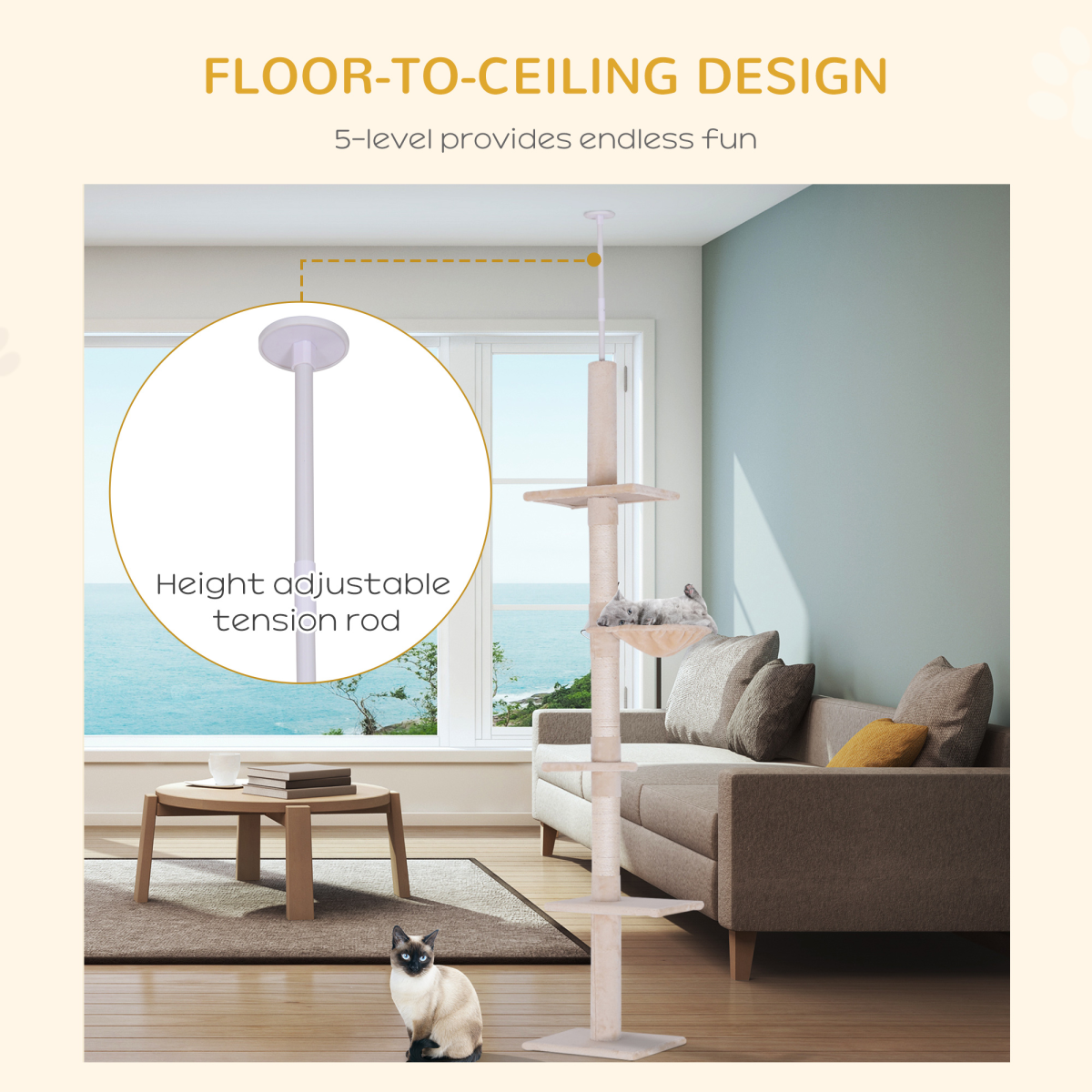 Pawhut 5-Tier Floor to Ceiling Cat Tree with Scratching Post – Activity Tower, Adjustable 230–260cm