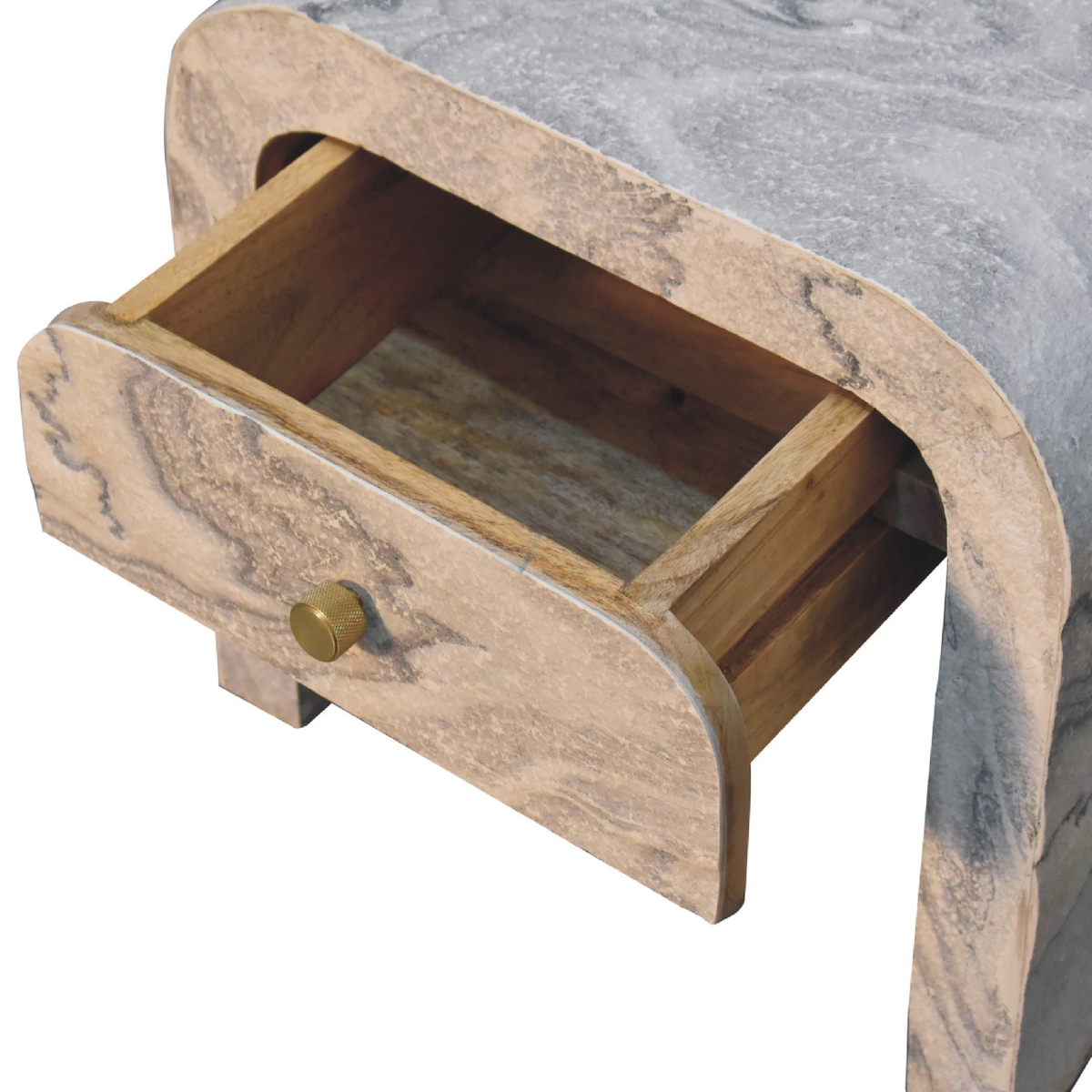 Artisan Furniture Solid Wood Nouveau Bedside Table, 1 Drawer & Brass Knob – Marble Effect, Beige