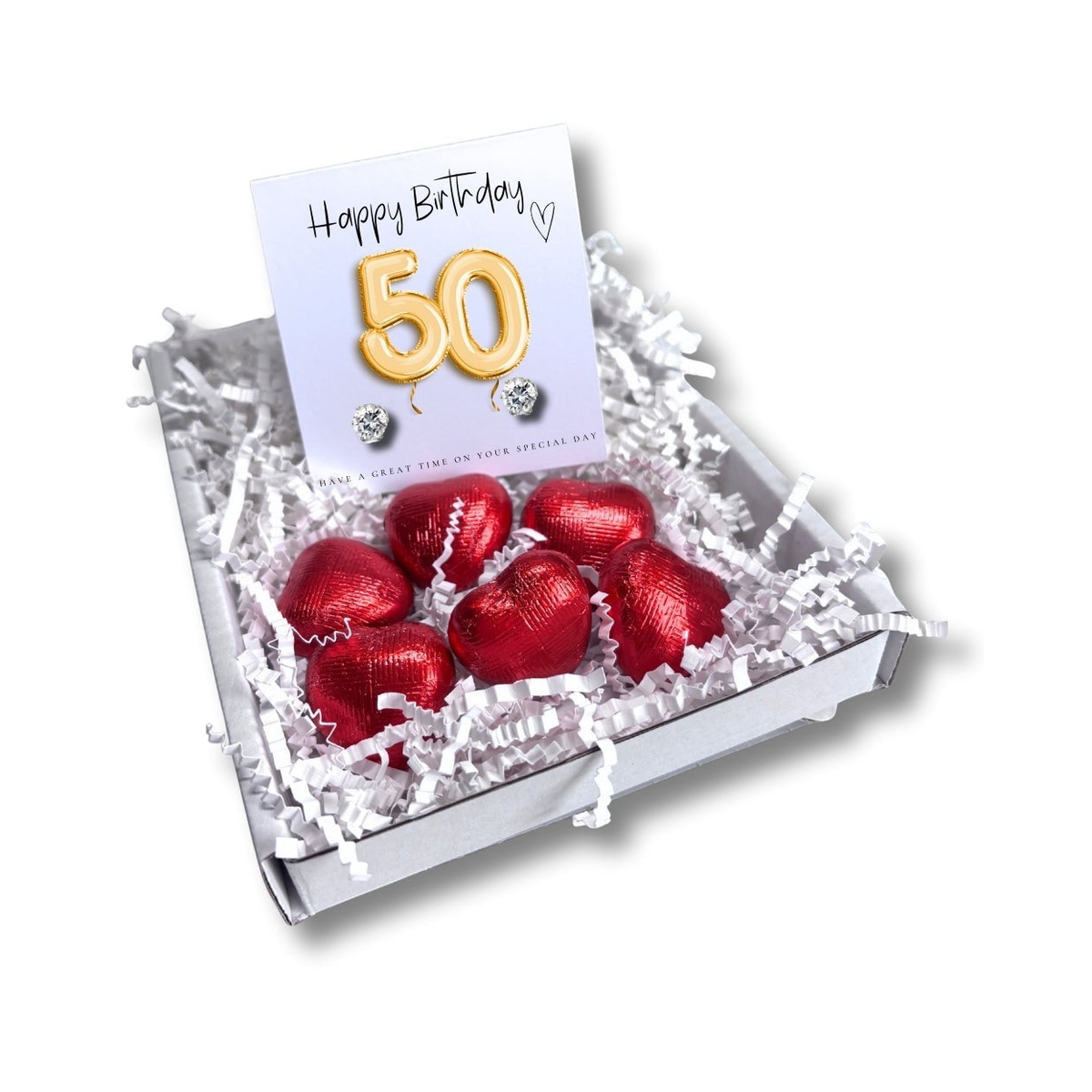 Aye Do Gifts 50th Birthday Mini Gift Hamper – Cubic Zirconia Stud Earrings, Gold Balloons Card & Milk Chocolates
