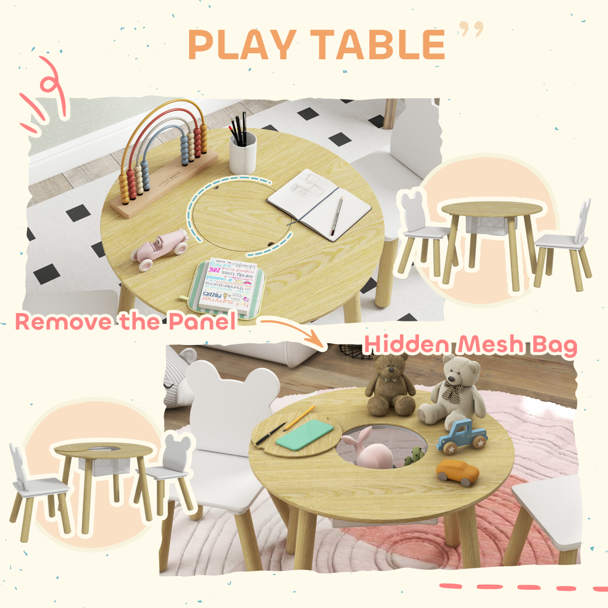 AIYAPLAY 3-Piece Toddler Table and Chair Set with Centre Mesh Bag – Bear Backrests, White and Natural Wood
