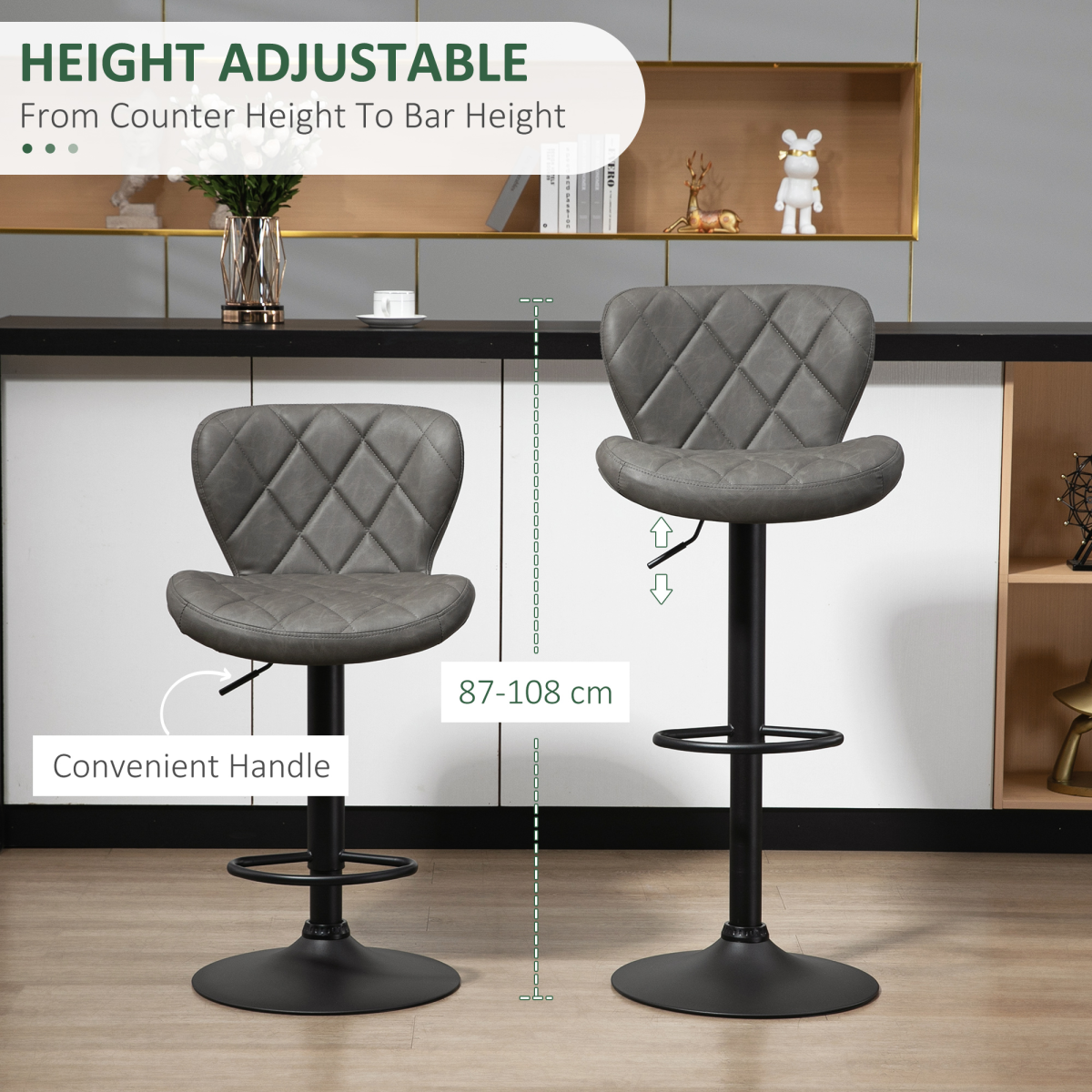 HOMCOM Adjustable Swivel Bar Stools, Set of 2 – Faux Leather Kitchen Island Stools with Footrest, Dark Grey