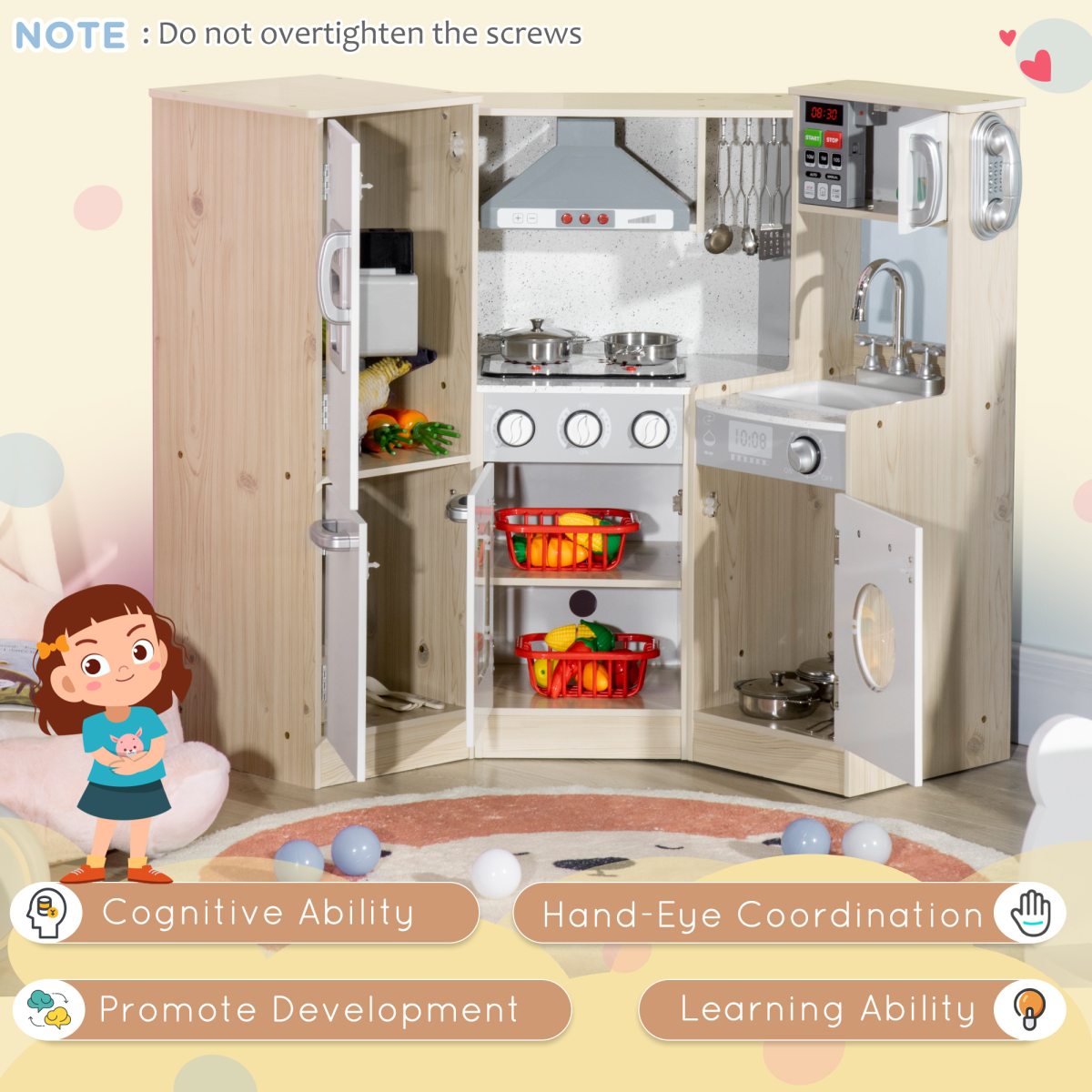 HOMCOM Corner Kids Kitchen with Sound & Light, Phone, Microwave, Oven & Range Hood – Wooden Role Play Set