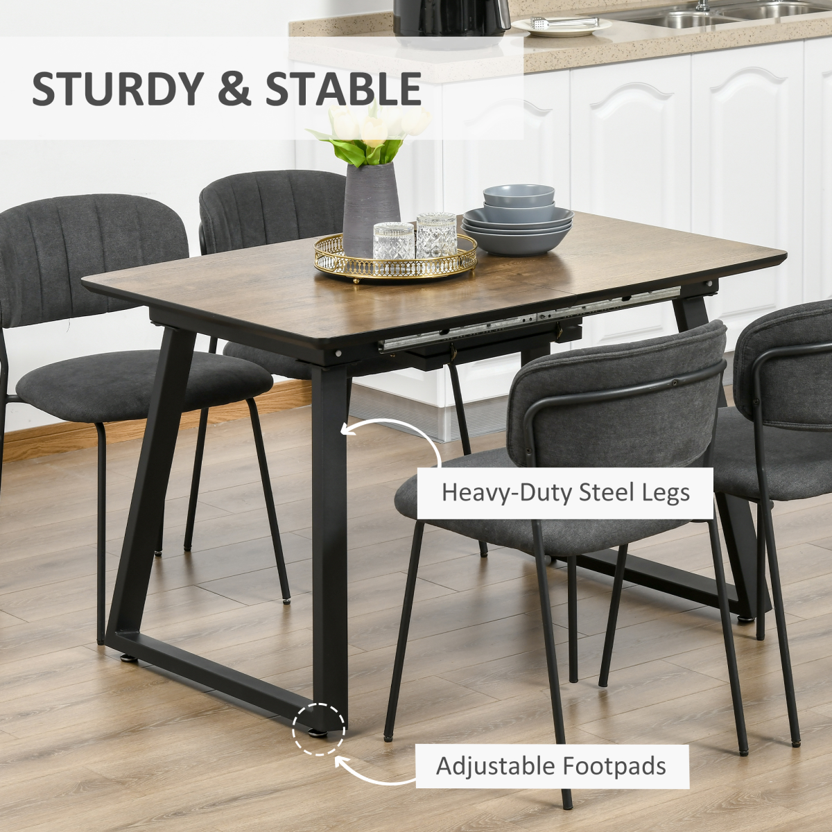 Extendable 6-Seater Dining Table with Wood-Effect Top & Metal Frame – Modern Industrial Style
