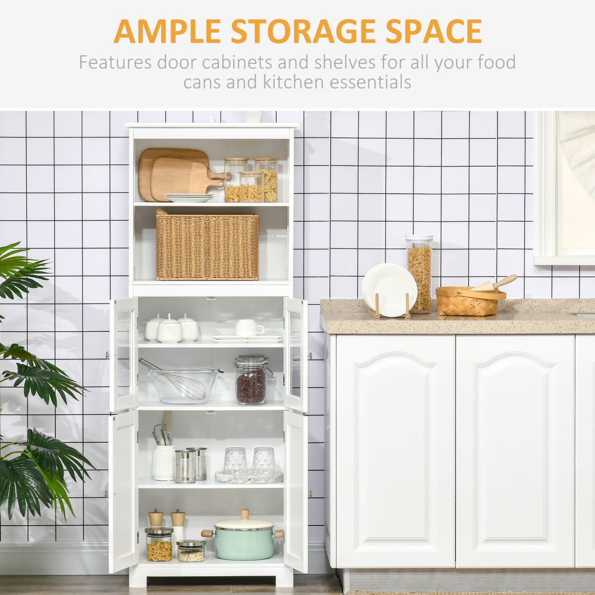 HOMCOM Kitchen Cupboard Storage Cabinet with Glass Doors & Adjustable Shelves – Pantry & Display Unit, White