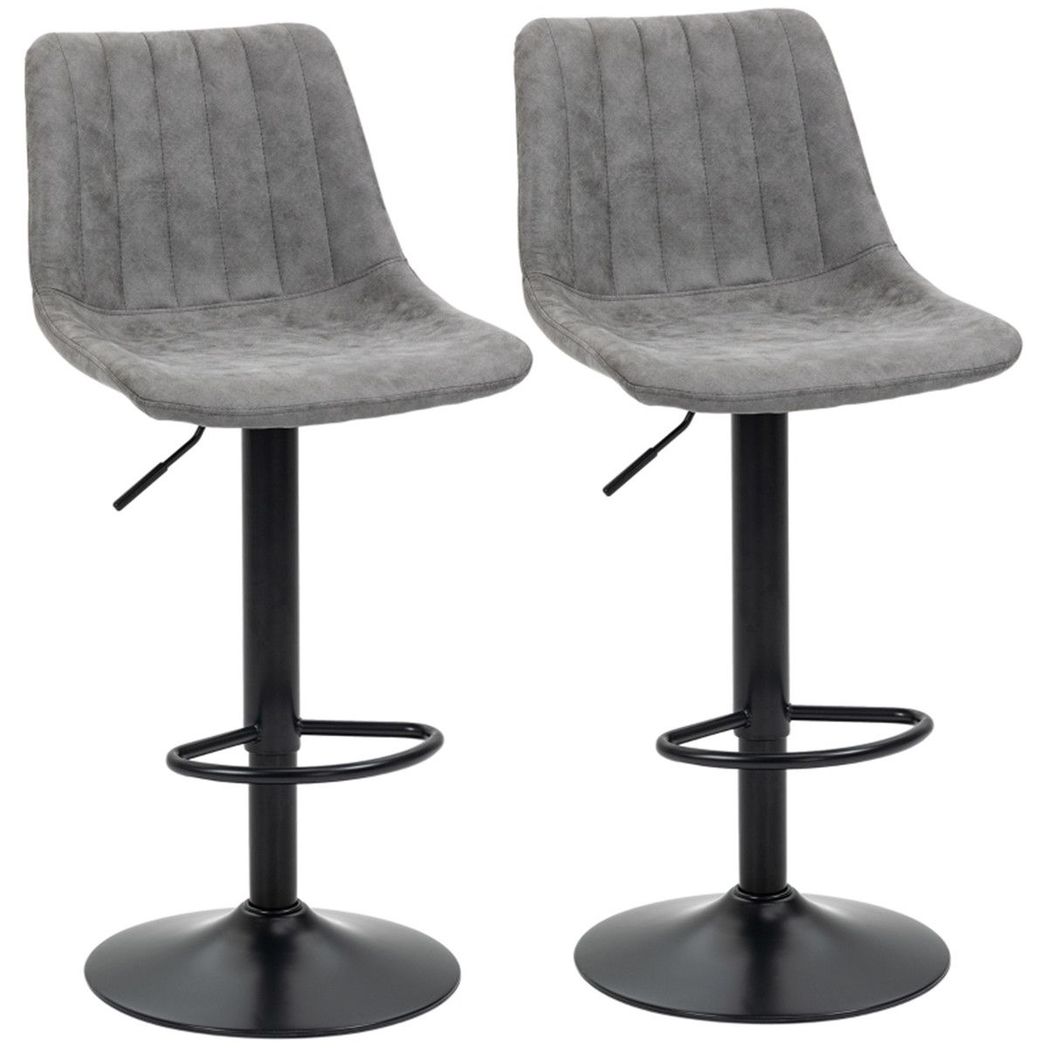 Set of 2 Bar Stools with High Back Tub Seats, Footrest & Round Base – Microfibre Kitchen Stools, Grey