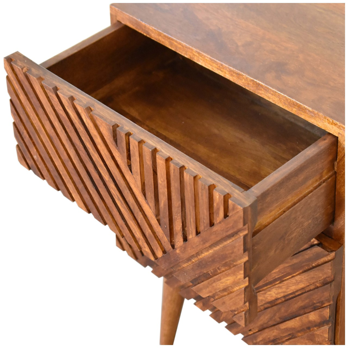 Artisan Furniture Solid Wood Lille Bedside Table with 2 Hand-Carved Drawers – Chestnut, Brown