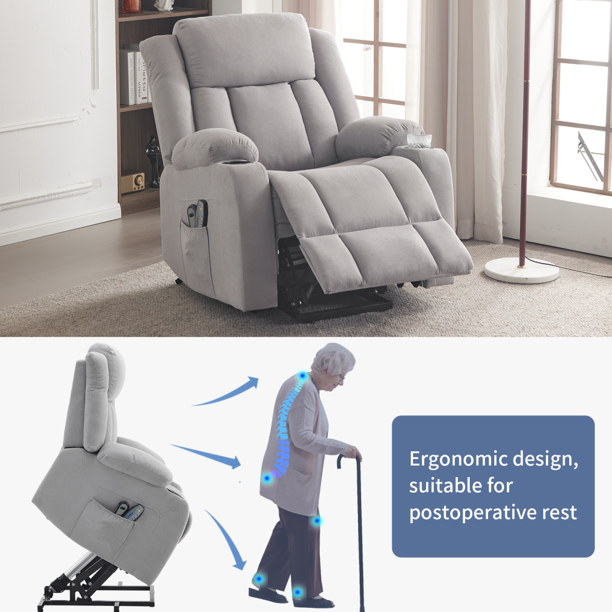 Electric Riser Recliner Chair with 8-Point Massage & Heat – Grey Fabric Lift Chair for Less Mobile Users