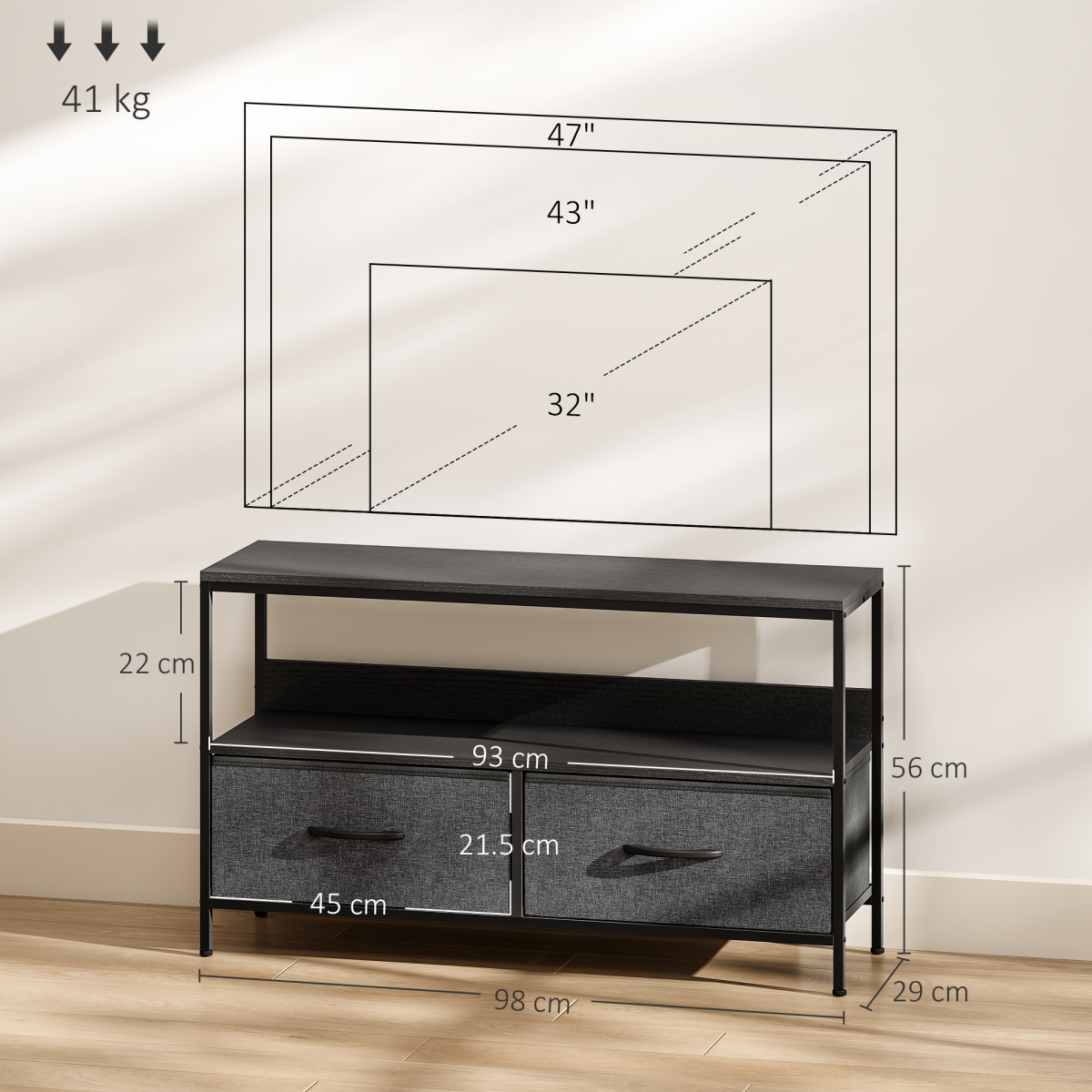 Industrial TV Stand with 2 Foldable Fabric Drawers for TVs up to 47 in – Steel Frame Media Unit, Black & Charcoal