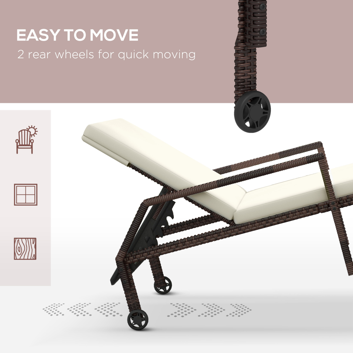 Outsunny Rattan Wicker Chaise Sun Lounger with Wheels & 5-Level Backrest – Longline Cushion, Cream White