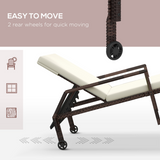 Outsunny Rattan Wicker Chaise Sun Lounger with Wheels & 5-Level Backrest – Longline Cushion, Cream White