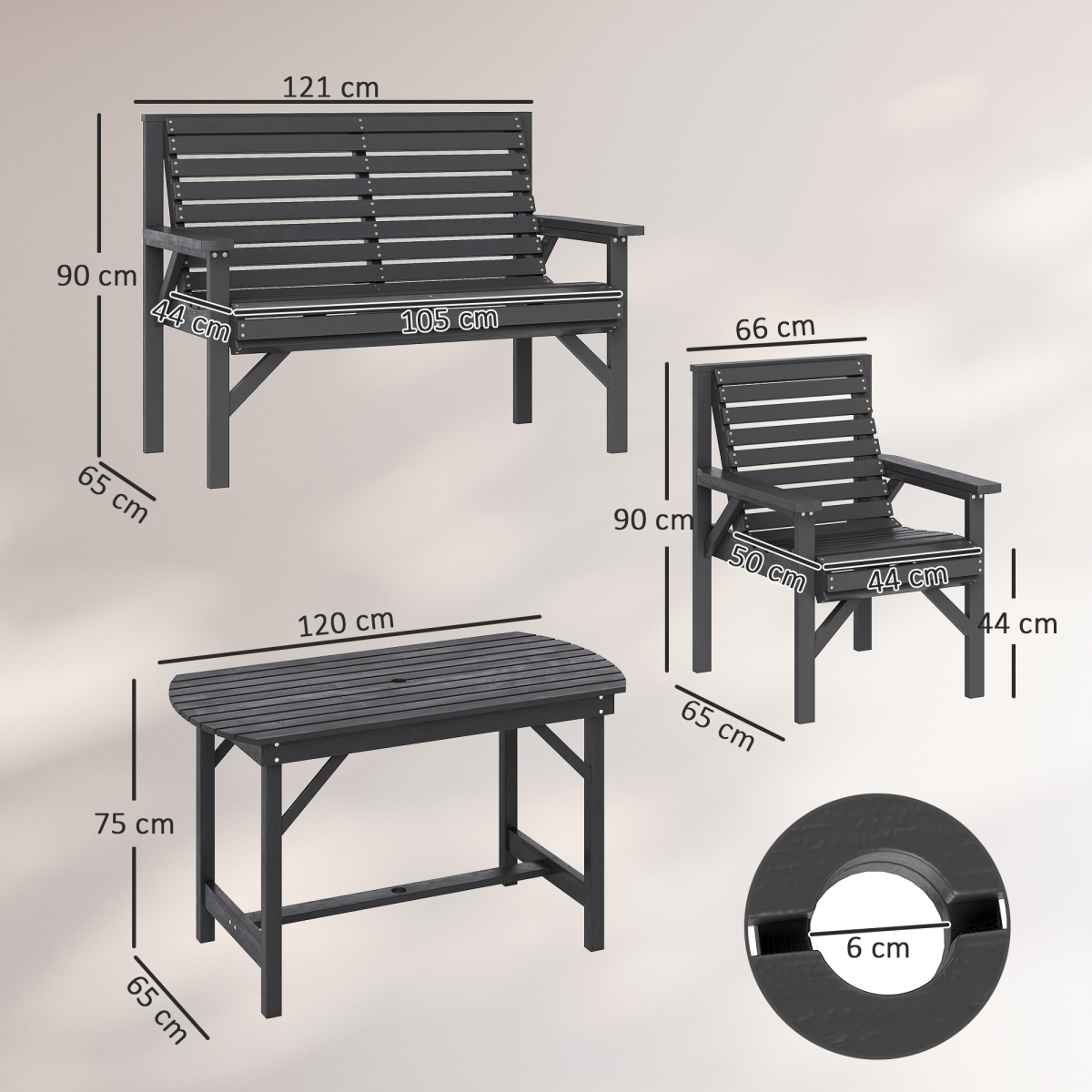 Outsunny 5-Piece Fir Wood Patio Dining Set with 60mm Umbrella Hole – Table, Chairs & Loveseats, Grey