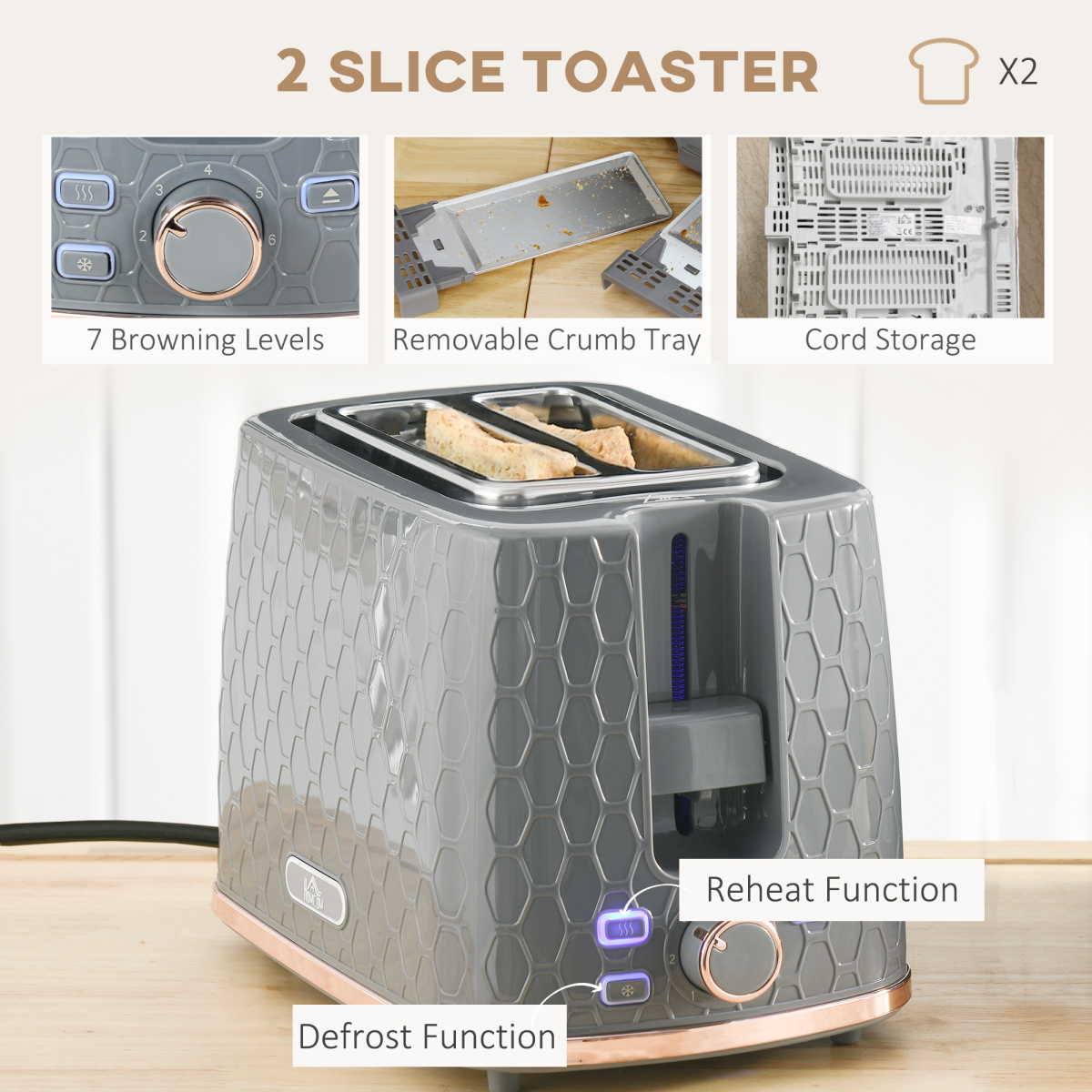 HOMCOM 1.7L Fast Boil Kettle and 2-Slice Toaster Set with 7 Browning Levels – Honeycomb Design, Grey