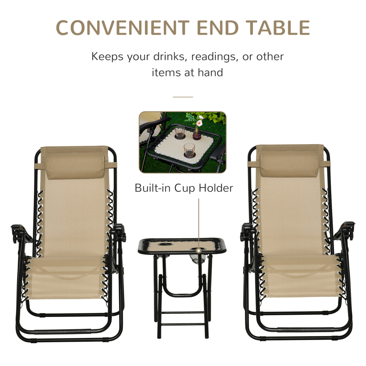 Outsunny 3-Piece Zero Gravity Chairs and Side Table Set with Cup Holders – Foldable Garden Sun Loungers, Beige