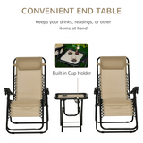 Outsunny 3-Piece Zero Gravity Chairs and Side Table Set with Cup Holders – Foldable Garden Sun Loungers, Beige