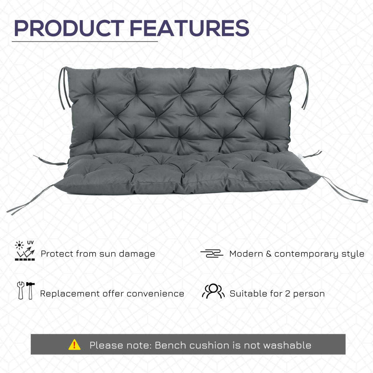 Outsunny 2 Seater Garden Bench Cushion with Ties – Large Padded Swing Chair Seat Pad, 110 x 120cm