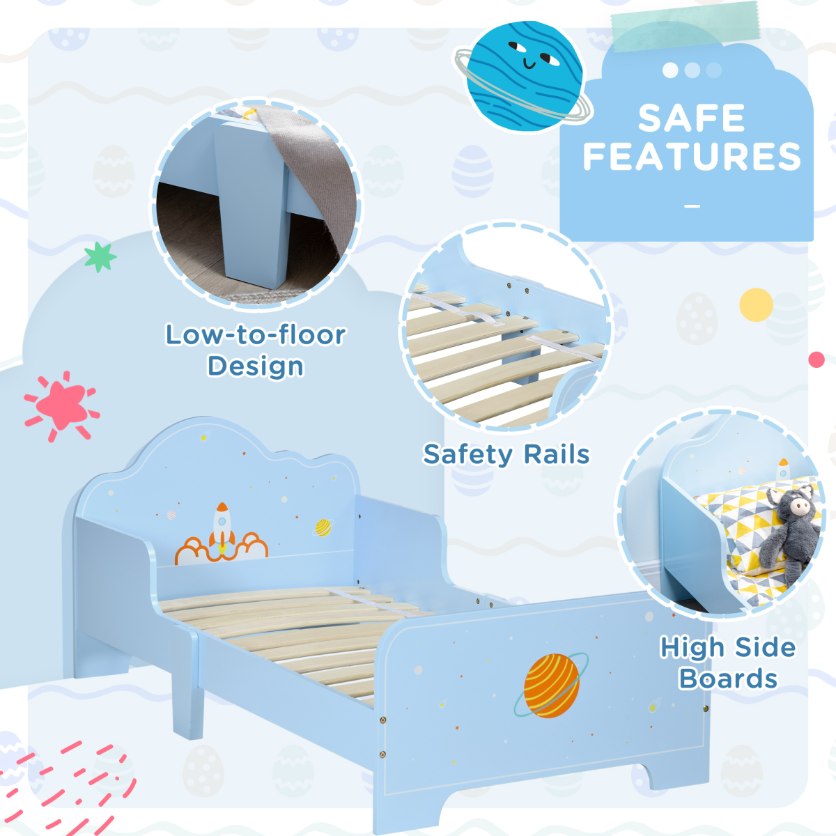 ZONEKIZ Toddler Bed with Space-Themed Rocket and Planet Patterns and Side Rails – Ages 3-6