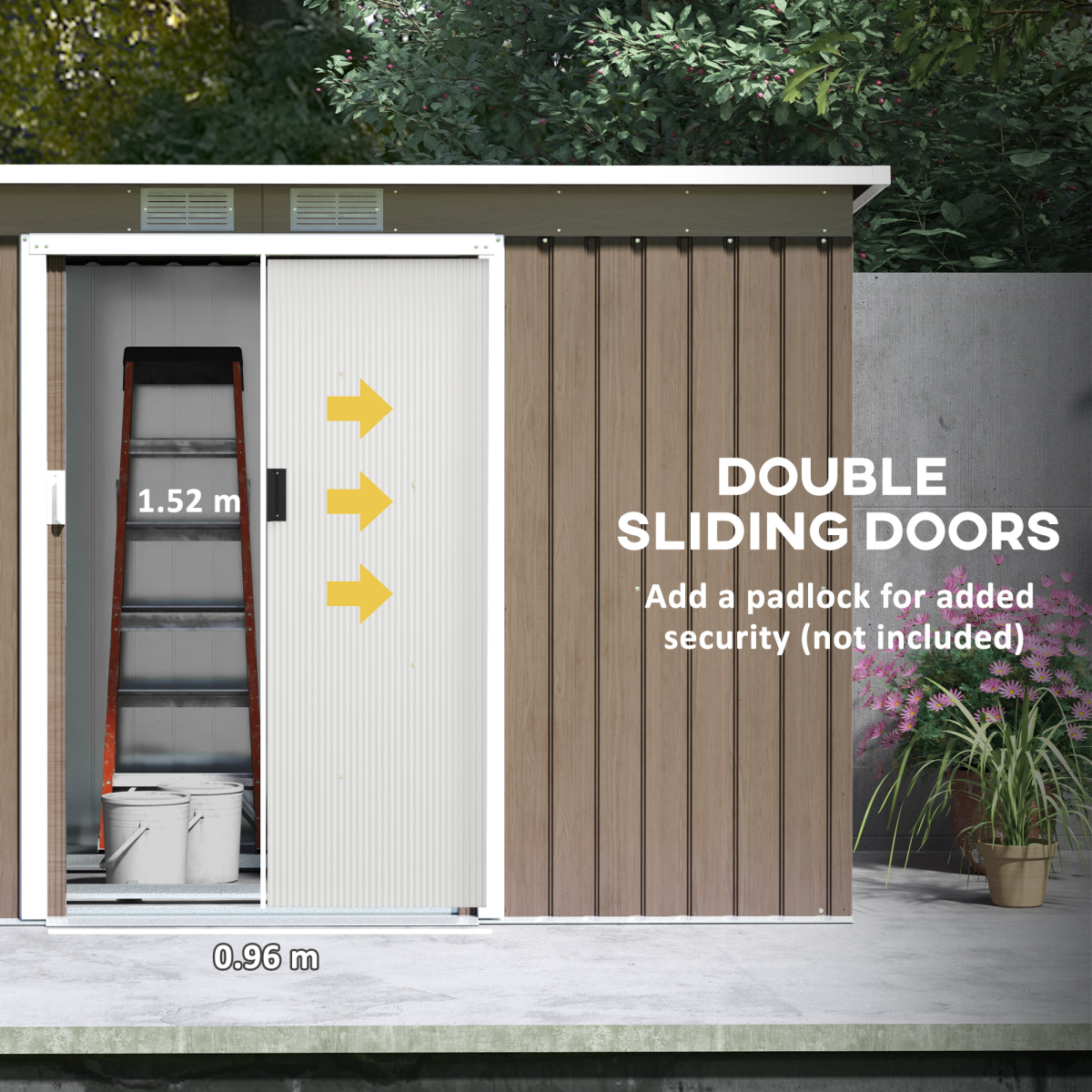 Outsunny 9 x 4ft Metal Garden Storage Shed with Lockable Sliding Double Doors & Vents – Light Grey Wood Grain