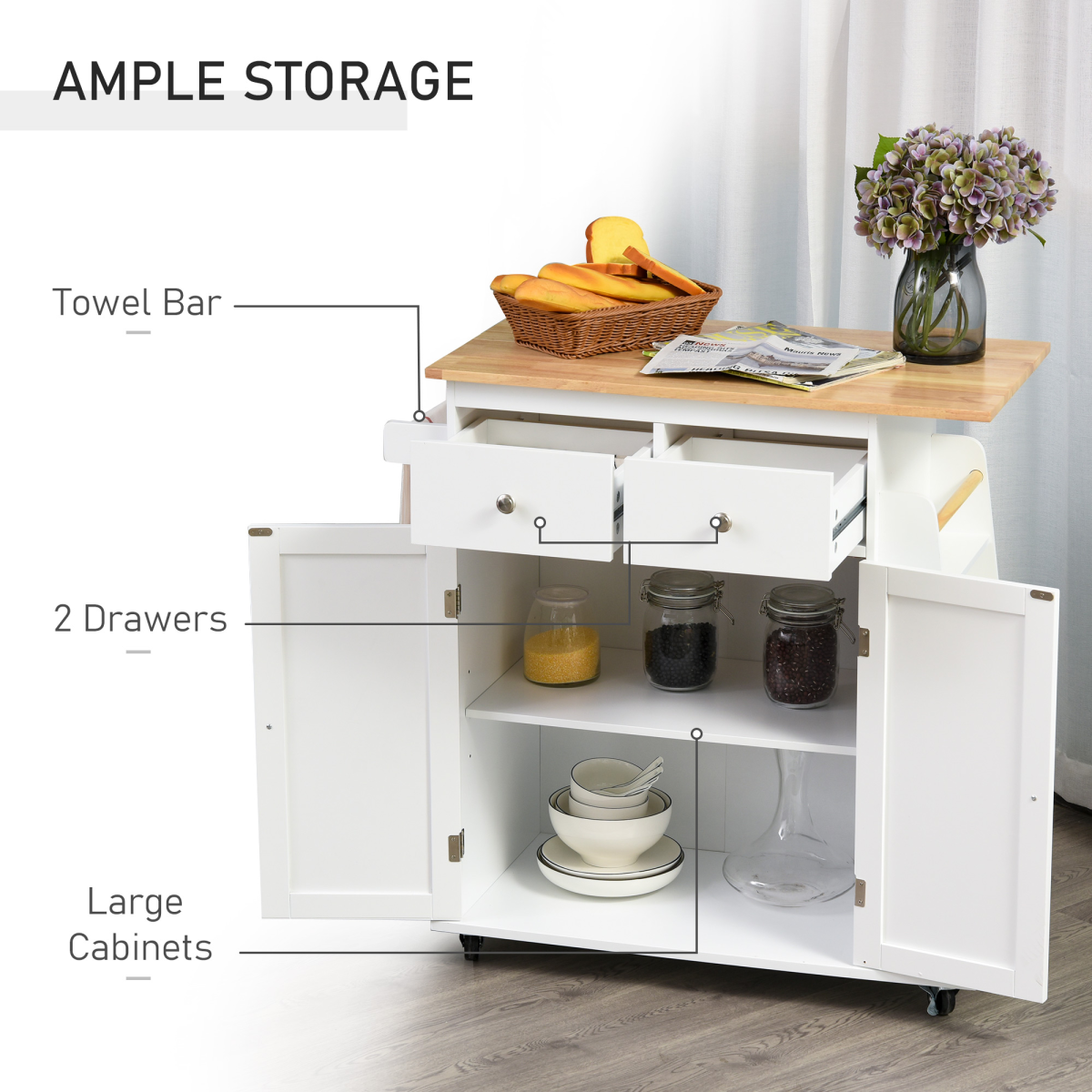 HOMCOM Kitchen Island with Rubberwood Top, 2 Drawers, Cupboard and 3-Tier Spice Rack – Storage on Wheels