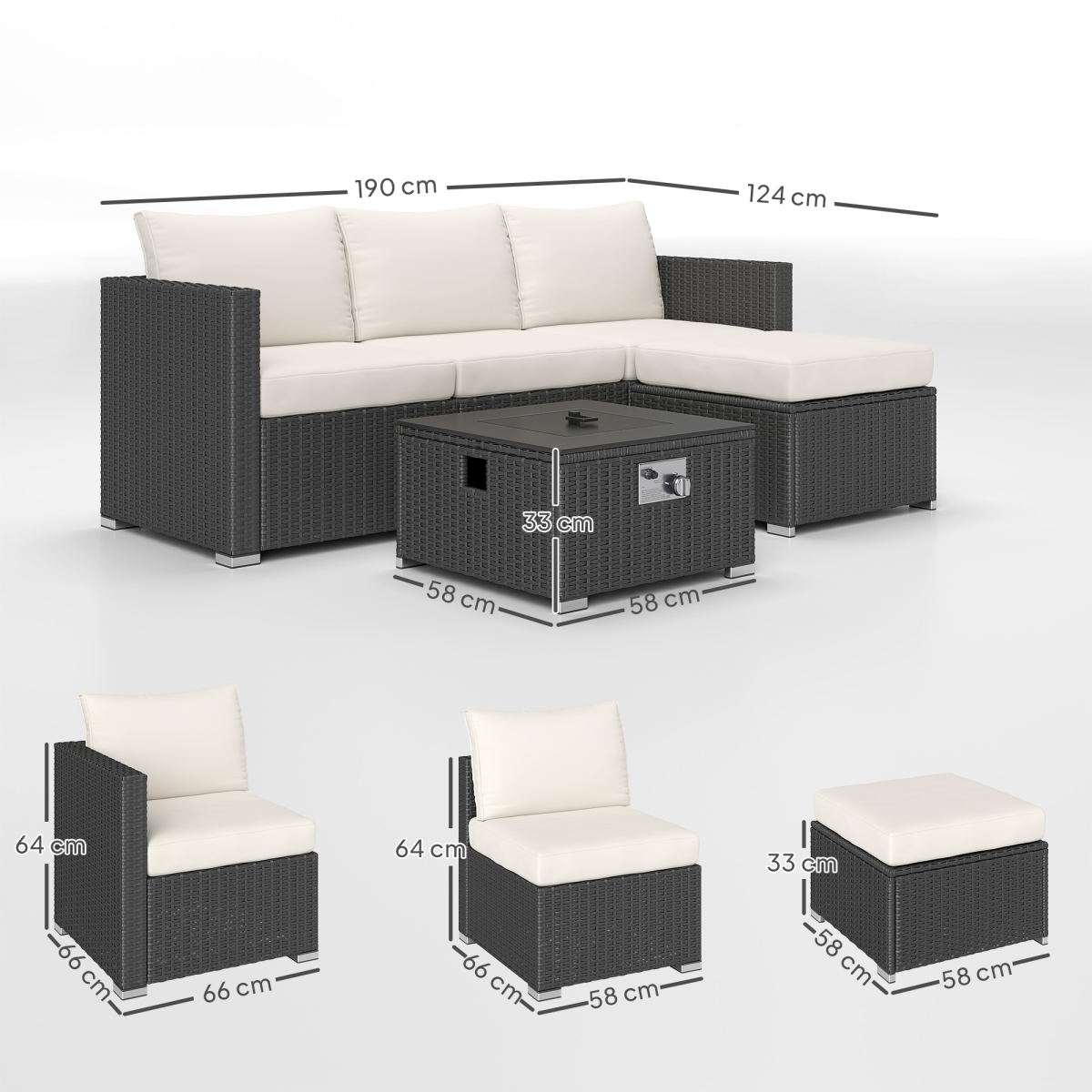 Outsunny 4 Seater Rattan Sofa Set with Fire Pit Table, Footstool and Thick Cushions – Garden Lounge, Black and Cream