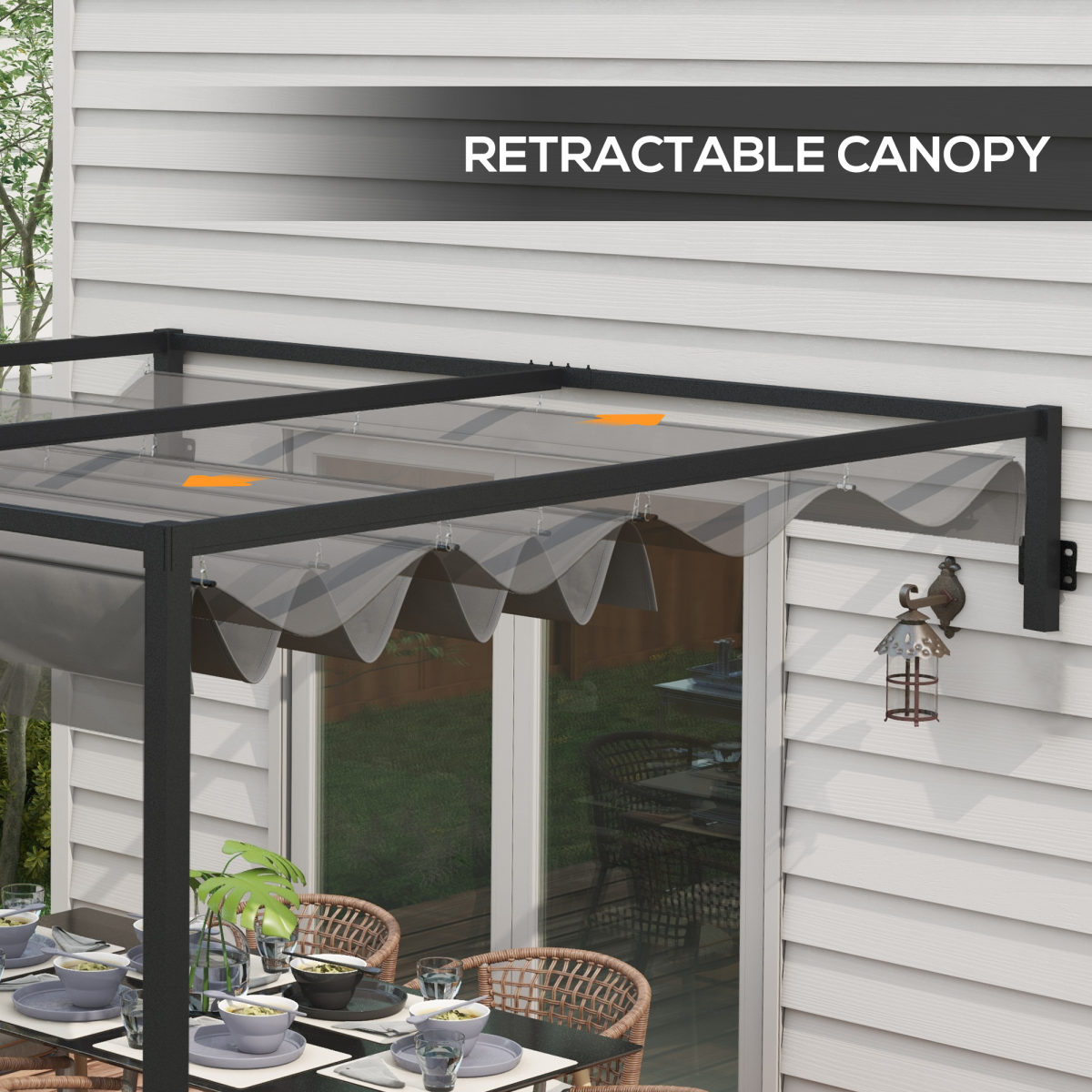 Outsunny 3x4m Wall Mounted Pergola with Retractable Canopy – UV-Resistant Sun Shade, Dark Grey