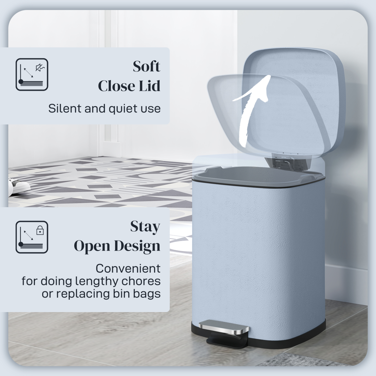 HOMCOM 12L Metal Pedal Bin with Soft-Close Lid, Hands-Free Foot Pedal – Compact Kitchen Bin, Light Blue