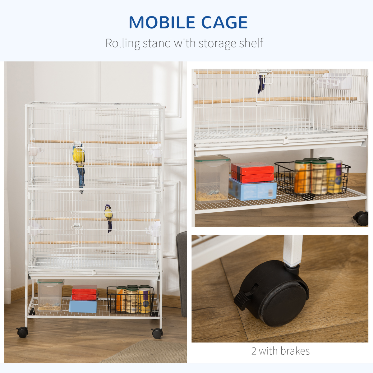 Pawhut Large Bird Cage with Rolling Stand, 4 Perches & Tray – For Budgies, Finches and Canaries, White