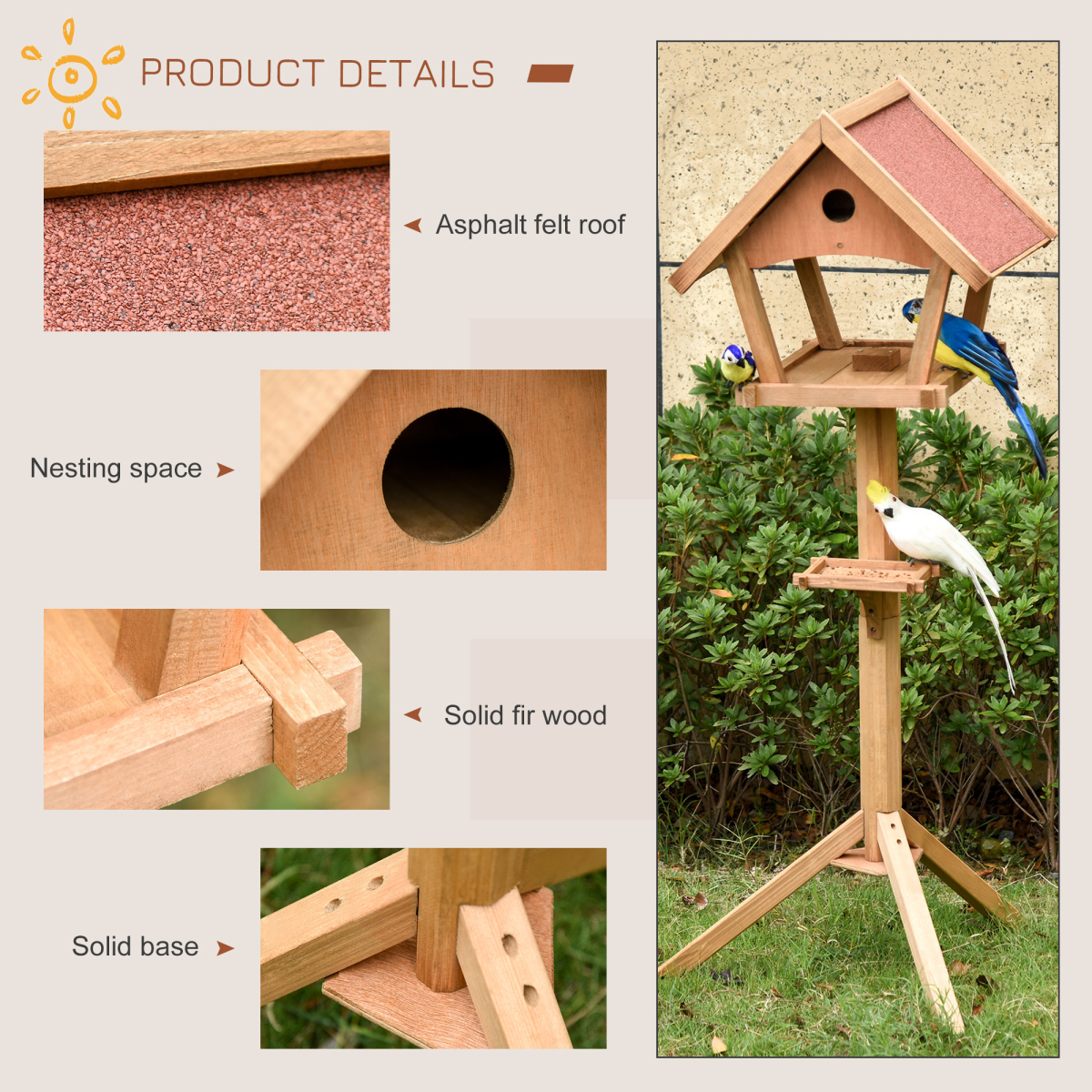 PawHut Wooden Bird Feeder Stand with 2 Platforms and Nesting Hole – Weather Resistant Garden Bird House