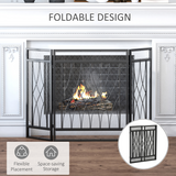 HOMCOM 3-Panel Folding Fireplace Screen with Curved Diamond Design – Black Metal Mesh Spark Guard