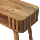 Artisan Furniture Slatted Solid Mango Wood Console Table with Open Shelf & Tapered Legs – Oak-ish Finish, Beige