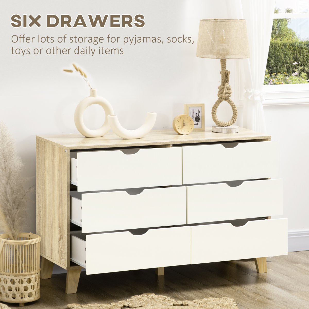 6 Drawer Chest of Drawers with Anti-Tipping Straps – Wide Low Bedroom Storage Unit, White and Brown