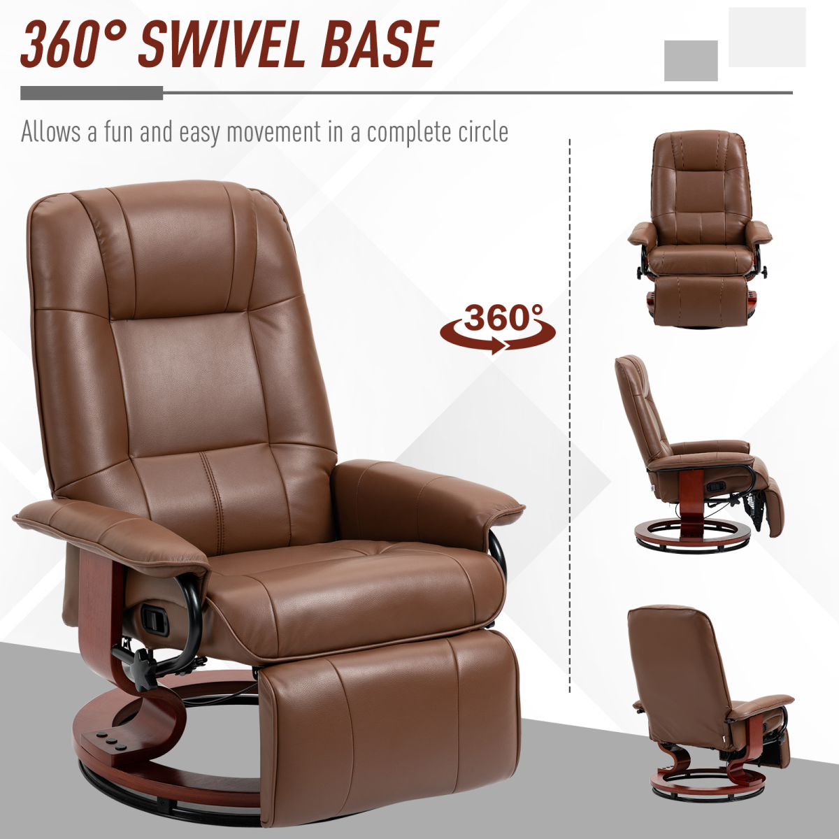 HOMCOM Office Recliner Chair with 145° Reclining Back, Manual Footrest & 360° Swivel – PU Leather, Brown