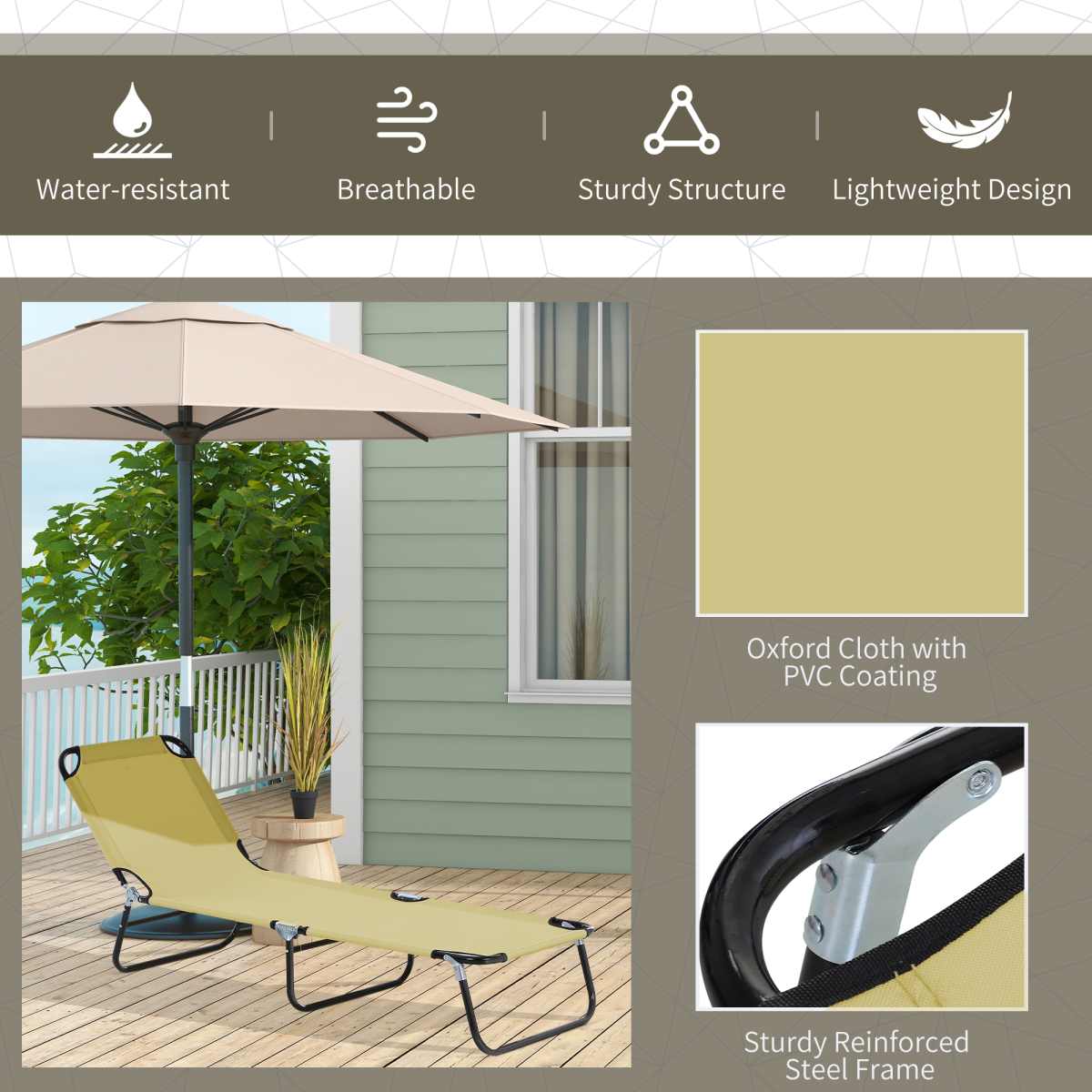 Outsunny Reclining Lounge Chair with 3-Level Adjustable Backrest – Camping, Hiking and Beach Chair, Beige