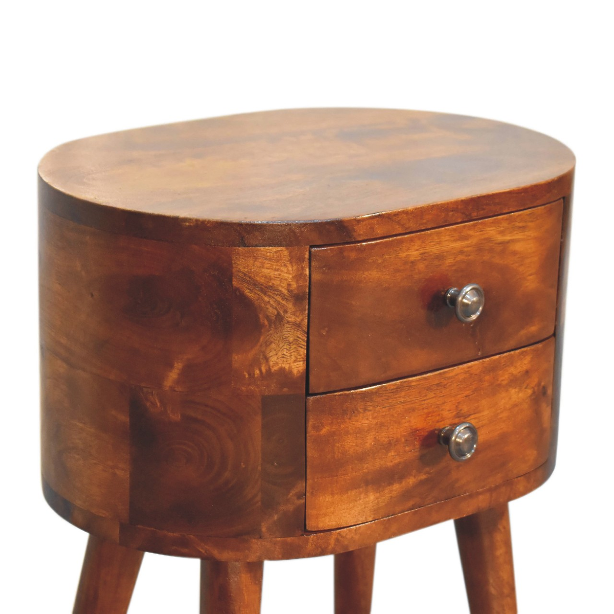 Artisan Furniture Mini Rounded Bedside Table with 2 Drawers – Solid Mango Wood, Chestnut Finish, Brown