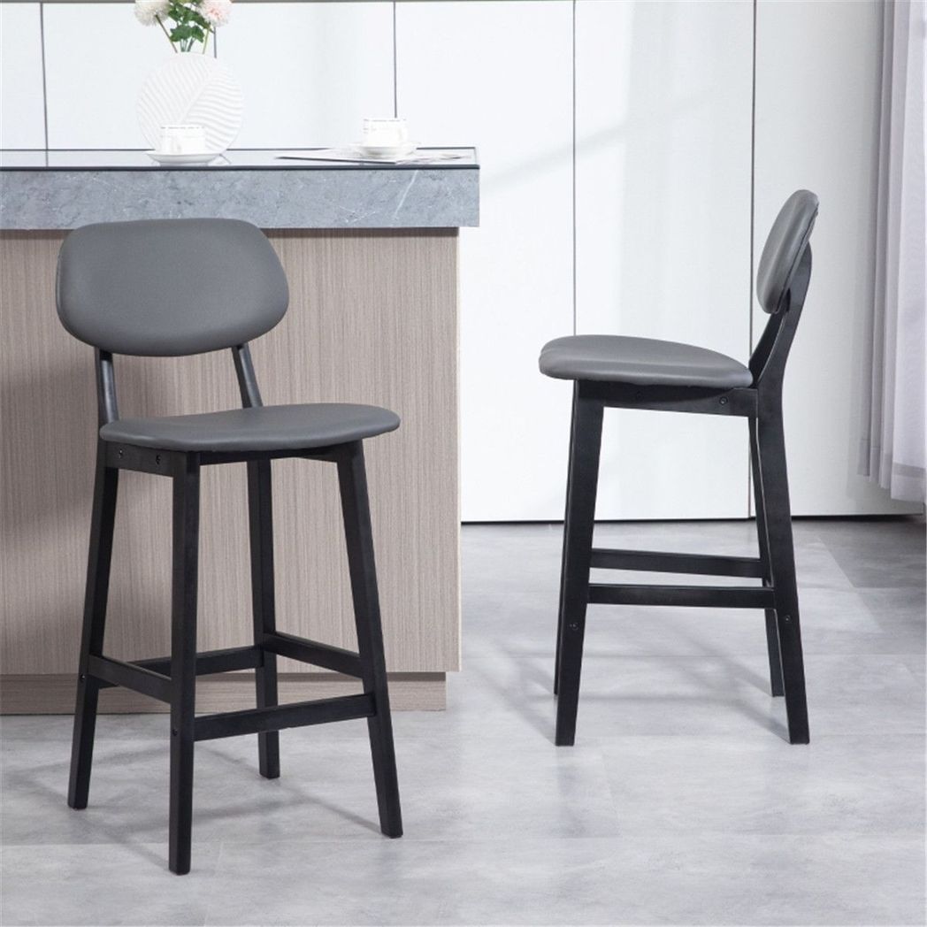 Bar Stools Set of 2 with Backs, Footrests & Padded Faux Leather Seats – Beech Wood Counter Chairs, Dark Grey