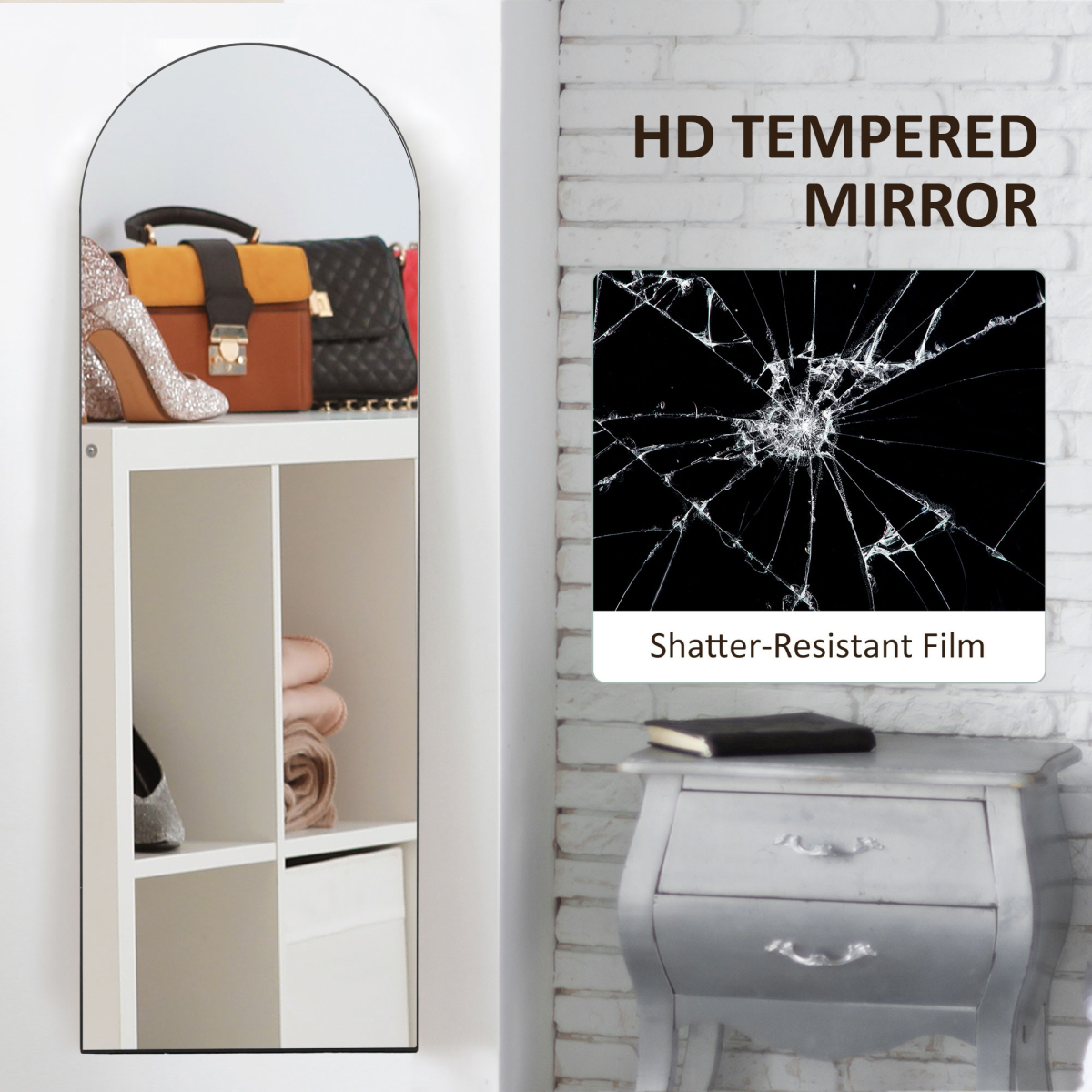 HOMCOM Full Length Curved Floor Mirror 150 x 50cm with Shatter-Proof Film – Wall Mount or Freestanding, Black
