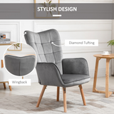 HOMCOM Velvet-Touch Tufted Wingback Accent Armchair with Wooden Legs – Living Room and Bedroom Chair, Grey