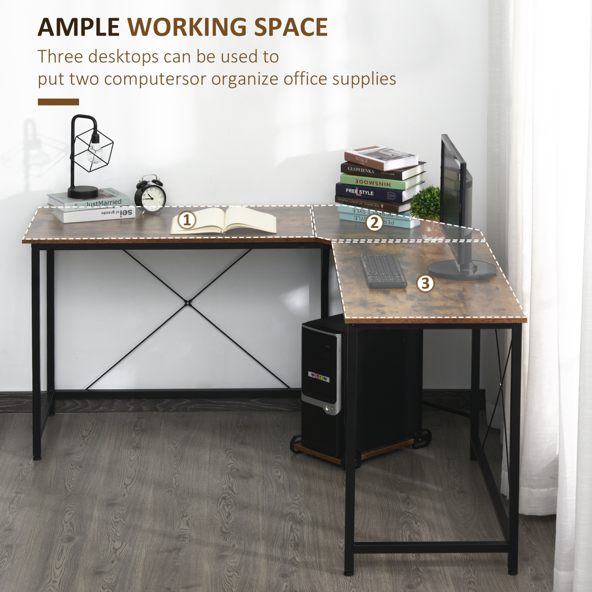 Industrial L-Shaped Corner Computer Desk with CPU Stand & Three Worktops – Retro Gaming Workstation