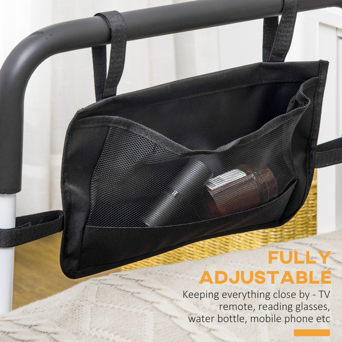 Adjustable Bed Assist Rail Grab Bar with Side Pocket & Foam Grip – Safety Handle for Flat-Frame Beds, White