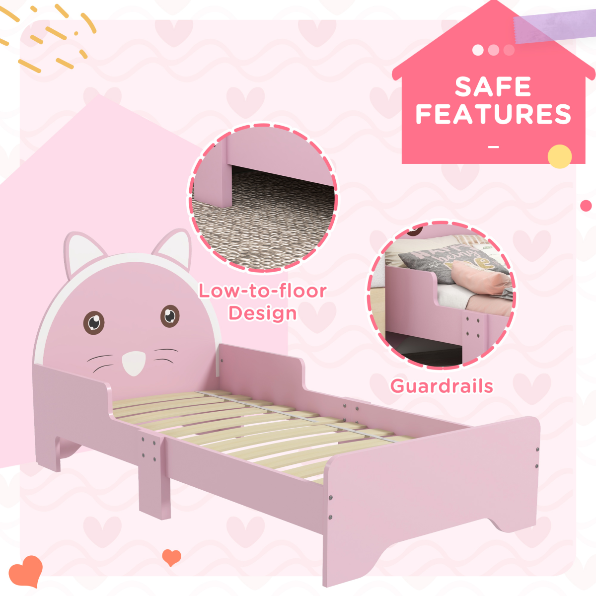 ZONEKIZ Toddler Bed Frame with Cat Design and Guardrails – Low Kids Bed for Ages 3–6, Pink