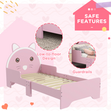 ZONEKIZ Toddler Bed Frame with Cat Design and Guardrails – Low Kids Bed for Ages 3–6, Pink