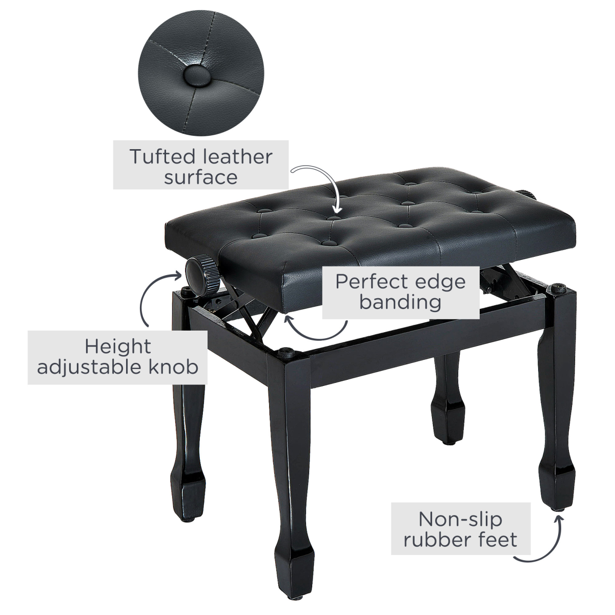 HOMCOM Adjustable Piano Bench with Padded Faux Leather Seat & Wooden Legs – Keyboard Stool, 45–55cm Height