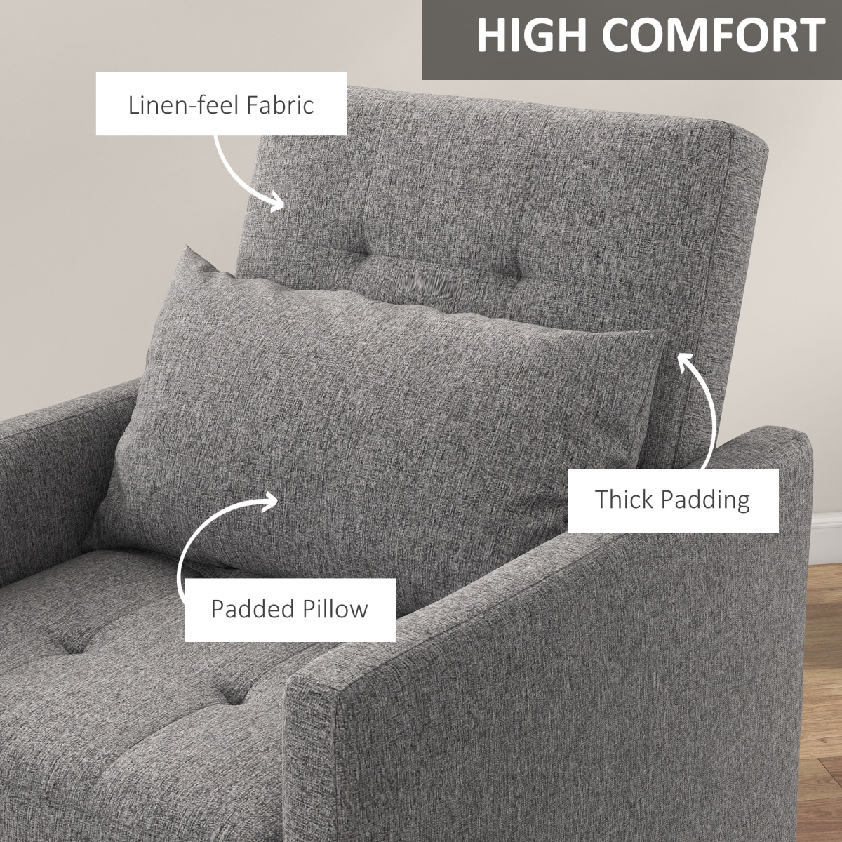 HOMCOM Convertible Tufted Single Chair Bed – Button-Tufted Padded Seating for Guest Rooms and Studios, Grey